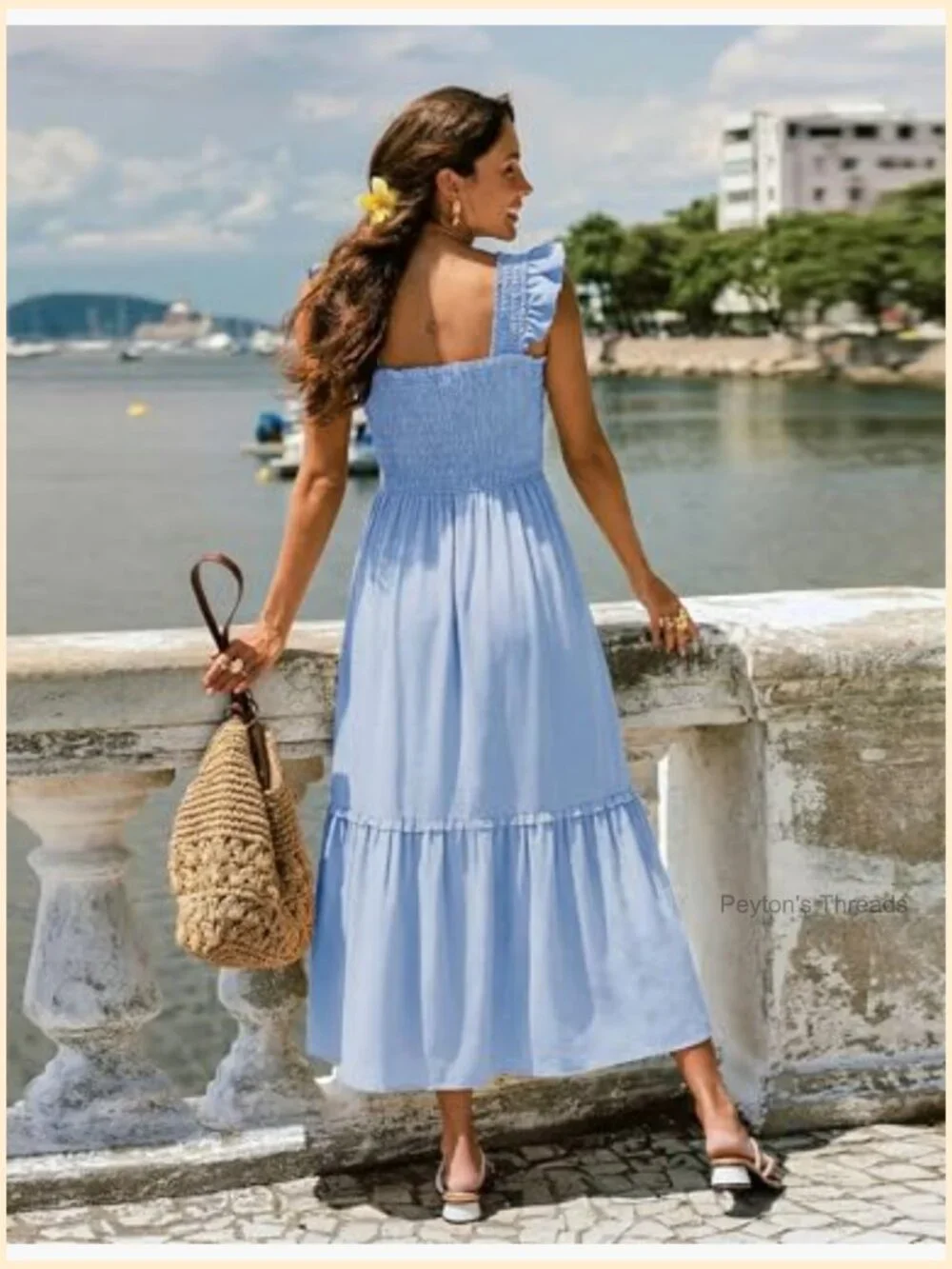 Midi Dress Square Neck Button Down Smocked Ruffle Strap Flowy Beach Sundress - Picture 3 of 7